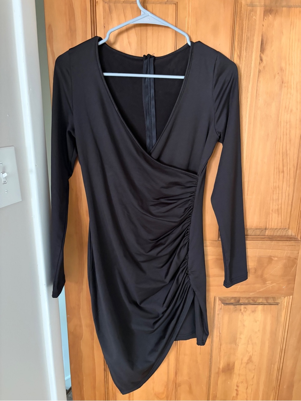 Black Long Sleeve Ruched Wrap-Front Dress